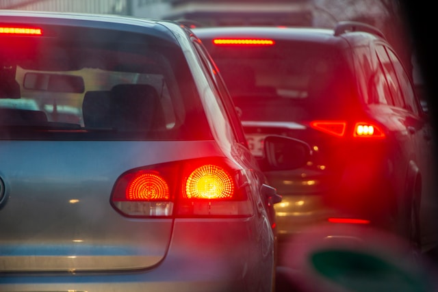 two cars in heavy traffic